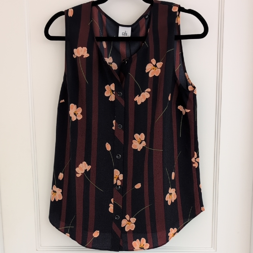 CAbi Scroll Sleeveless Top Tunic #3600 Medium M Floral Striped Print Blouse EUC